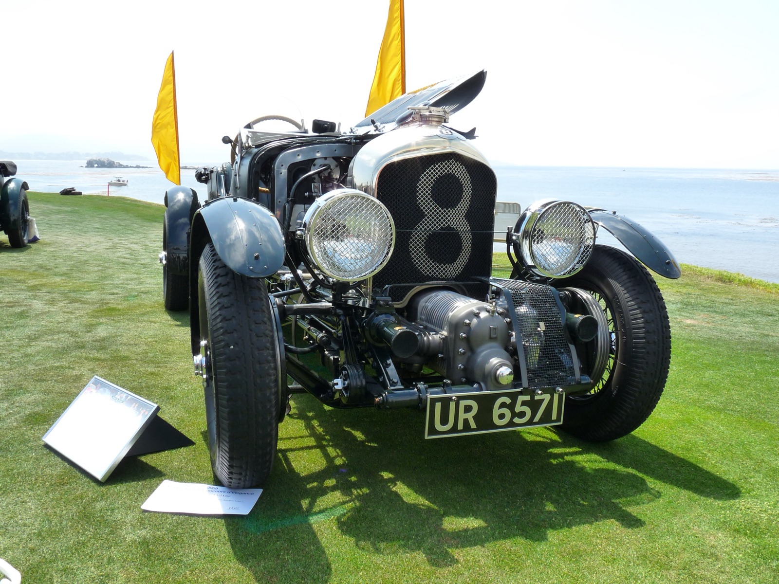 Front view of a dark green Blower Bentley on grass by the sea, bonnet raised, number 8 on the radiator mesh, the supercharger below it and the registration plate UR 6571