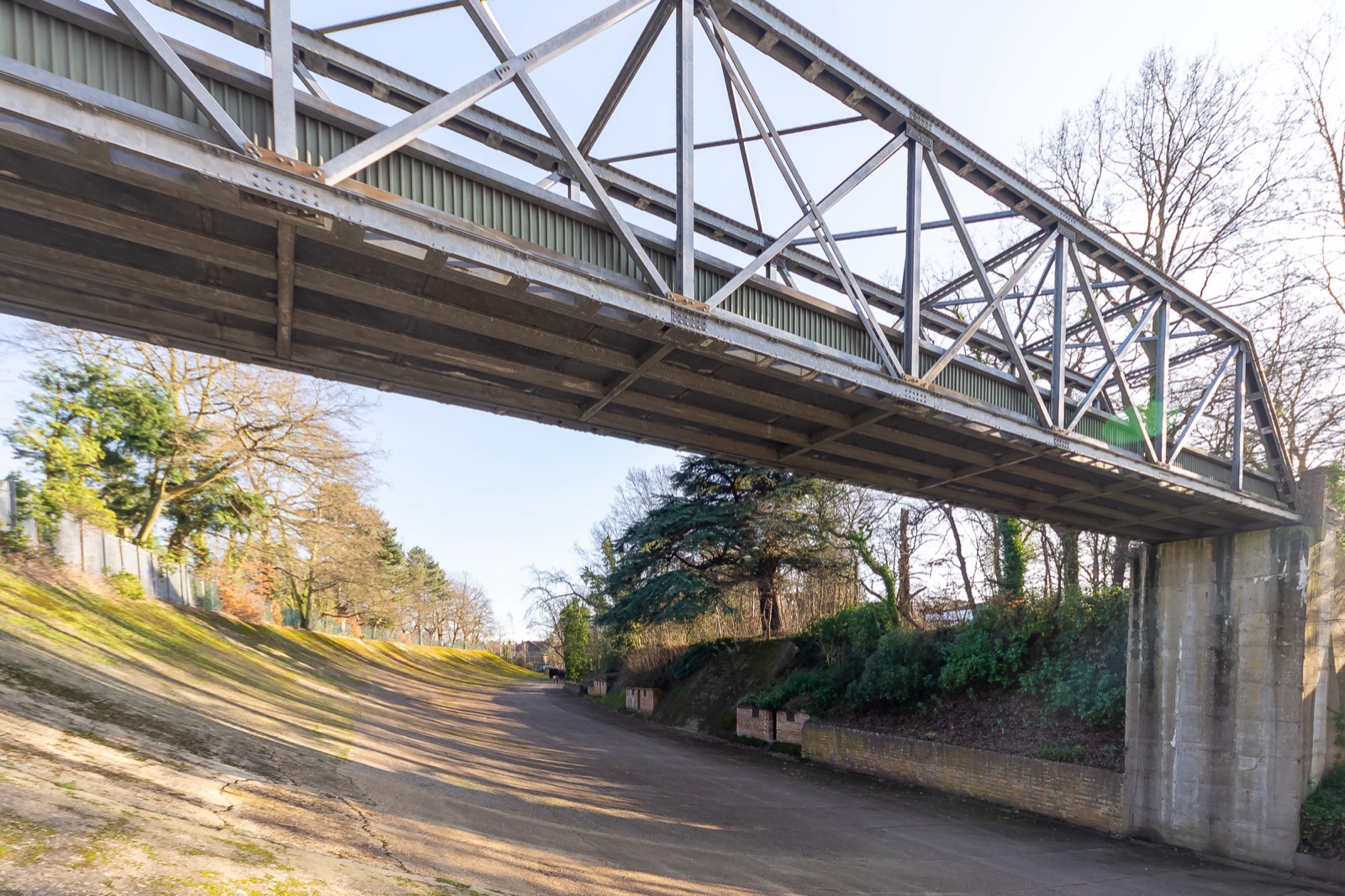 The surviving concrete banking of the Brooklands track curving under the steel Members' Bridge, with trees on both sides