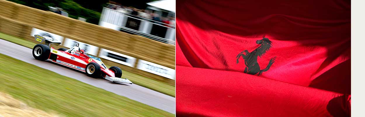 The two photographs side by side: the Ferrari 312T3 on the Goodwood hill, and the prancing horse on its red dust sheet
